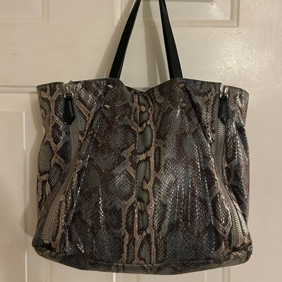 Sam Edelman Metallic Blue Tan Snake Print Tote Bag - Picture 1 of 8